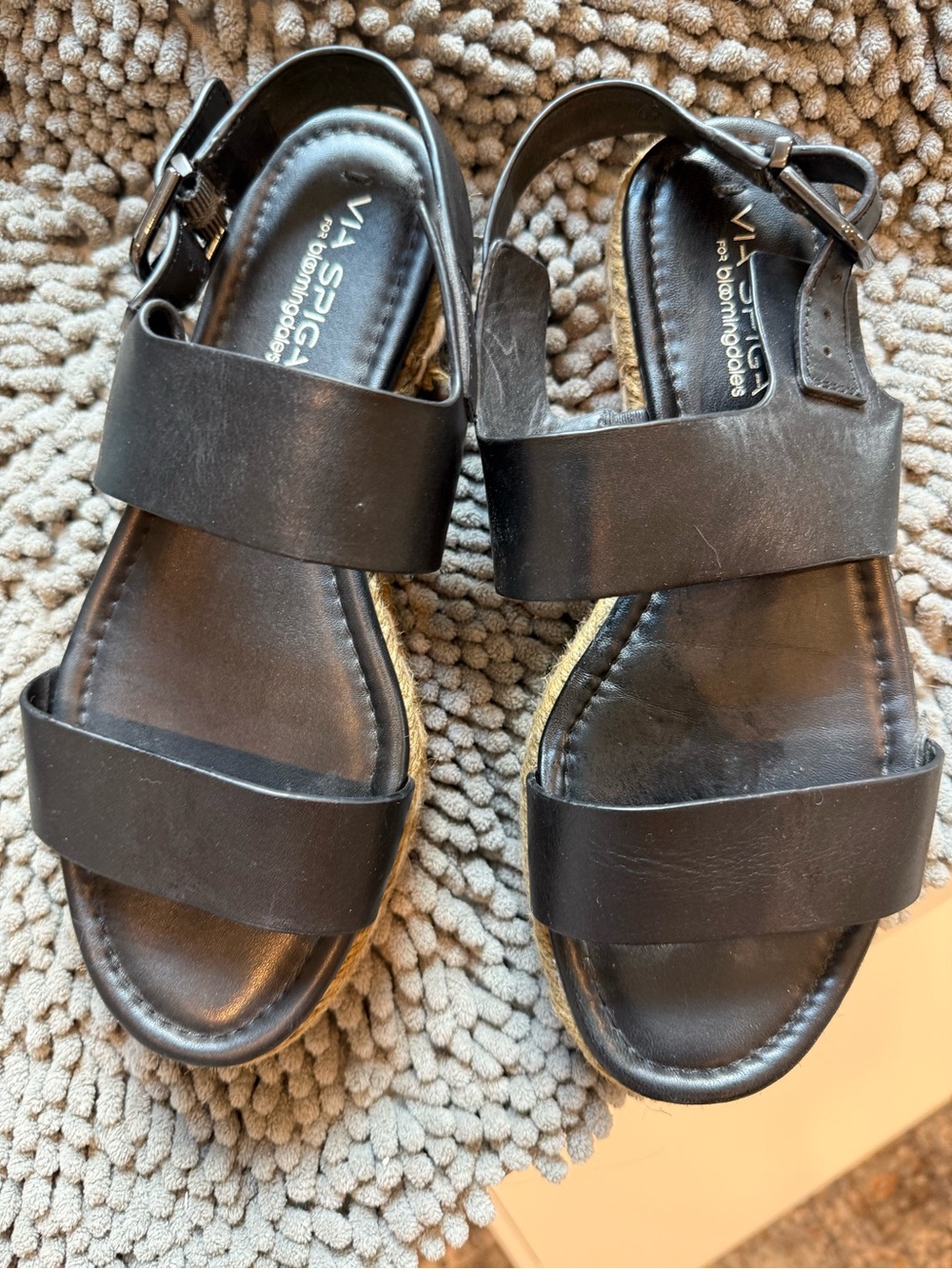 Via Spiga Black Leather Double-Band Buckle Sandals
